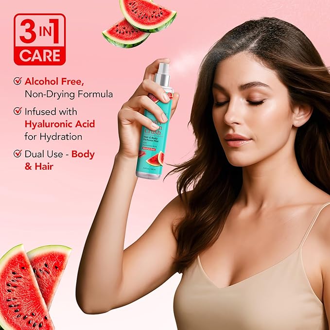 Botanic Hearth Watermelon Hair Perfume & Body Perfume Mist with Hyaluronic Acid, Alcohol-Free, Refreshing & Hydrating Body Spray, Long Lasting Fruity Fragrance, 100 ml / 3.4 fl oz