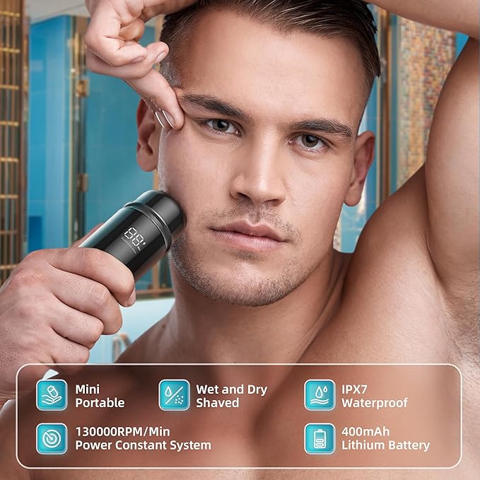 Mini Portable Electric Shaver,13000 RPM Powerful & Silent,IPX7 Waterproof,Type-C Fast Charging, Automatic Induction Travel Razor for Men/Women (Black)