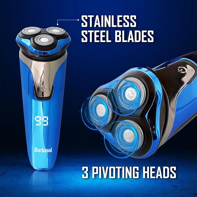 Rechargeable Electric Wet and Dry Rotary Shaver with Stainless Steel Blades, Pop Up Trimmer and LCD Screen