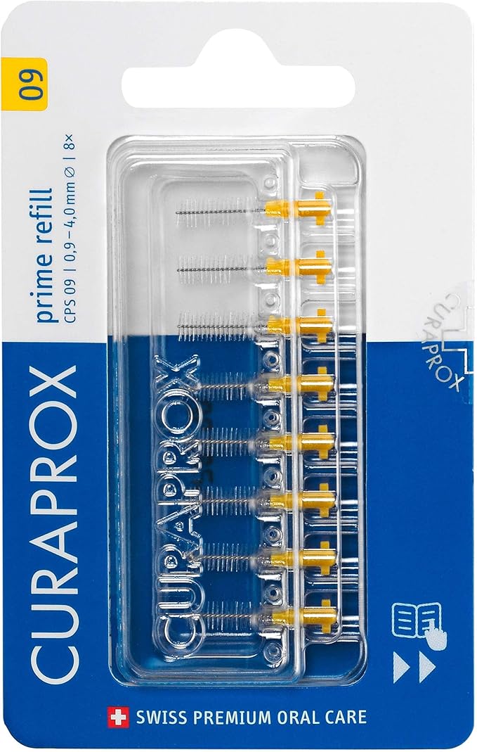 Curaprox Interdental Brush Refills CPS 09 Prime – ISO Size 2, Yellow | Ultra-Fine Filaments for Gentle Plaque Removal | 8-Pack | Swiss Made | English Packaging