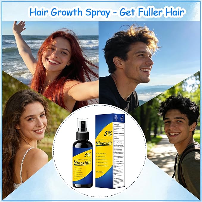 5% Minoxidil for Men, Minoxidil for Women Hair Growth, 2 Fl Oz (60ml) Minoxidil 5% Hair Regrowth Treatments, Minoxidil Spray for Thinning and Loss, Yellow and Blue