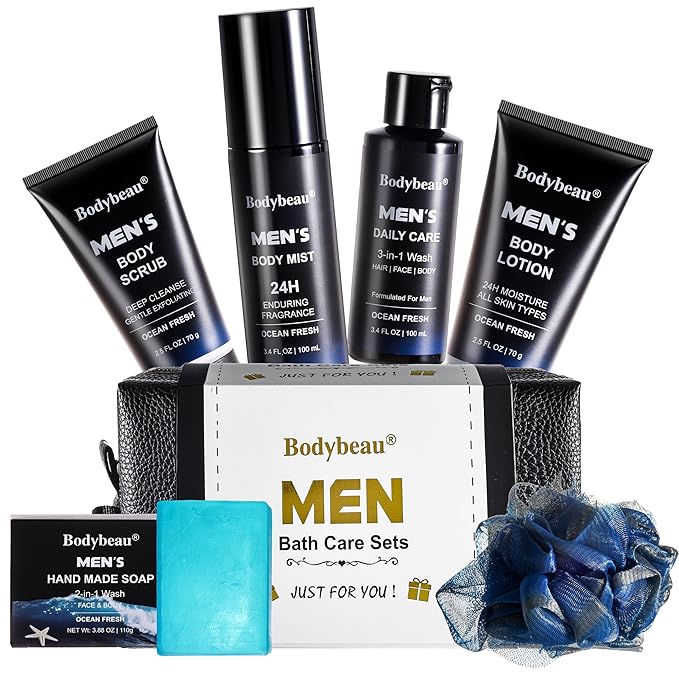 Christmas Gift for Men-Le Vital 7PCS Luxury Men's Bath and Body Skincare Gift Se, All-in-One Grooming Kit with 3-in-1 Wash, 2-in-1 Soap, Scrub, Lotion & Travel Bag (7 Piece Gift Set)