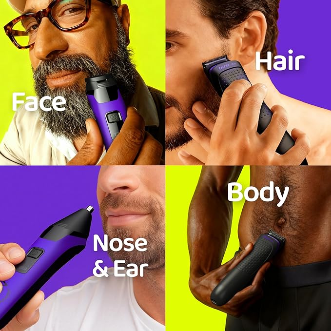 Electric Beard Trimmer for Men,Nose Hair Trimmer &Men‘s Electric Razor 10-in-1 Grooming Kit Cordless Shaver Gift-Ready for Men(Purple)
