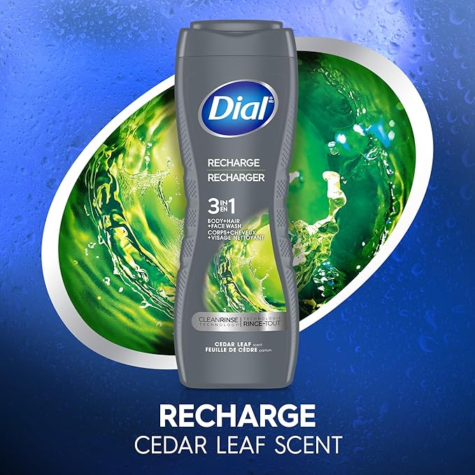 Dial Men 3 in 1 Body, Hair and Face Wash, Recharge, 16 Fl Oz (Pack of 4), Cedar Leaf Scent, Cleanses Deep + Gentle on Skin with Clean Rinse Technology
