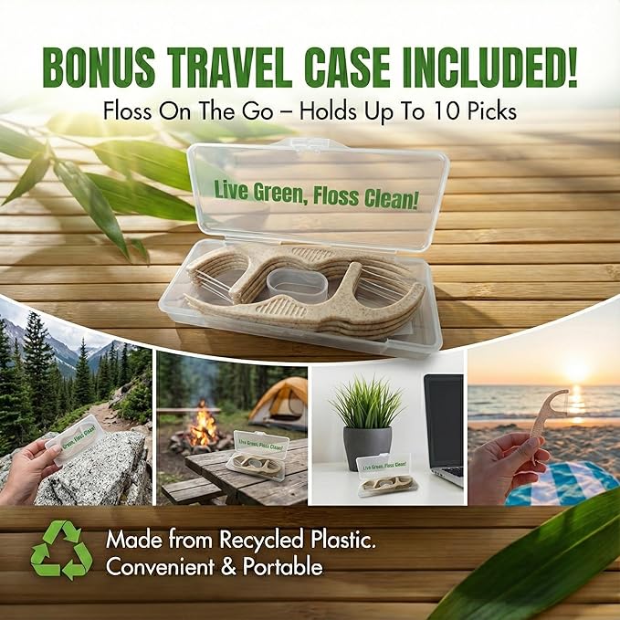 Twin Line Dental Floss Picks (220 Count) – Double Thread Tooth Flossers for 2X Cleaning, Thin & Shred-Resistant Floss, Wheat-Straw Handle | Travel Case Included Holds up to 10 Picks