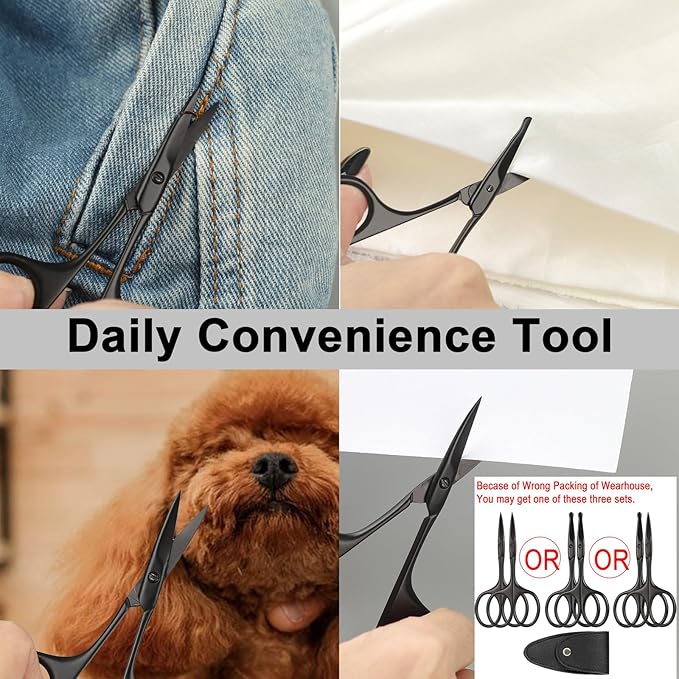 Eyebrow & Rounded Tips Nose Hair Scissors with Carrying Pouch for Men Women,Stainless Steel Small Scissors for Grooming Brow, Beard, Mustache, Eyelashes, Ear Hair,Hair Cutting (Black)
