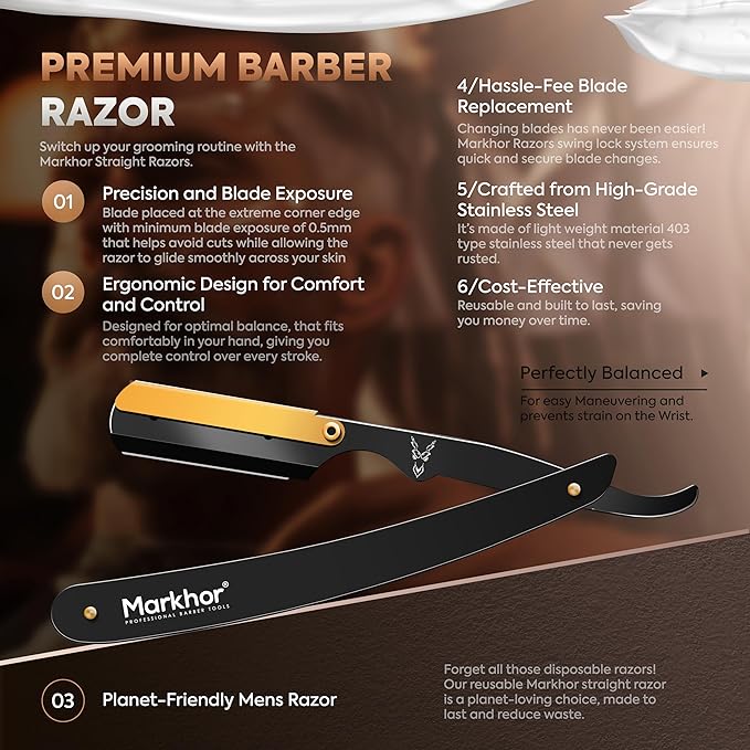 Markhor® Straight Razors for Men with 100 Single Edge Razor Blades | Matte Black with 24k Gold Platted Barber Straight Razor | Straight Edge Razor | Barber Razor Blade | Navajas Para Barbero