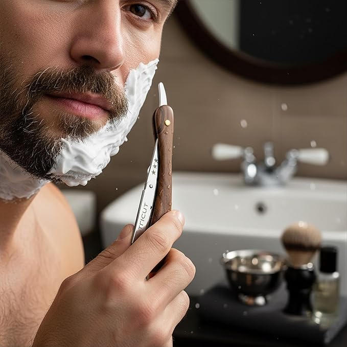 Professional Straight Razor with Wooden Handle Stainless Steel Blade Holder Barber Shaving Razor for Men Folding Shavette with Star Design Salon & Home Use
