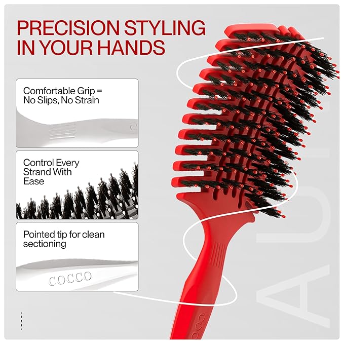 COCCO Aura Vent Boar Brush | Vented Dual-Curved Design for Faster Drying, Effortless Detangling & Shine, Boar + Nylon Bristles, Ergonomic Comfort Handle for Wet & Dry Hair Styling - Red