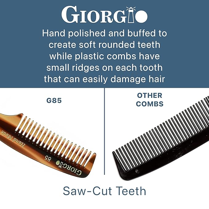 Giorgio G85 Travel Size Mustache and Beard Comb for Men - Small Fine Tooth Pocket Styling Comb for Everyday Hair Care - Sawcut and Hand Polished Handmade Tortoiseshell