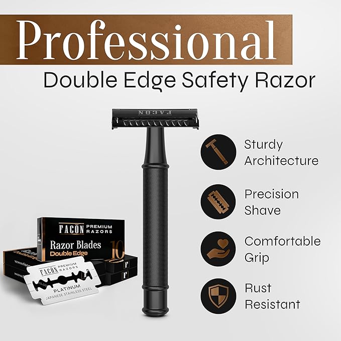 Facón Double Edge Safety Razor for Men & Women - Butterfly Open Stainless Steel Razor w/ 50 Platinum Double Edge Safety Razor Blades, Single Blade Razor for Smooth Close Shave, Reusable & Eco-Friendly