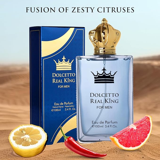 Dolcetto Real King Eau De Parfum for Men woody & Aromatic Fragrance - Citrus Notes & Pimento Essence with Masculine Base - Blend of Spicy Pepper, French Lavender & Haitian Vetiver - 100ml Bottle