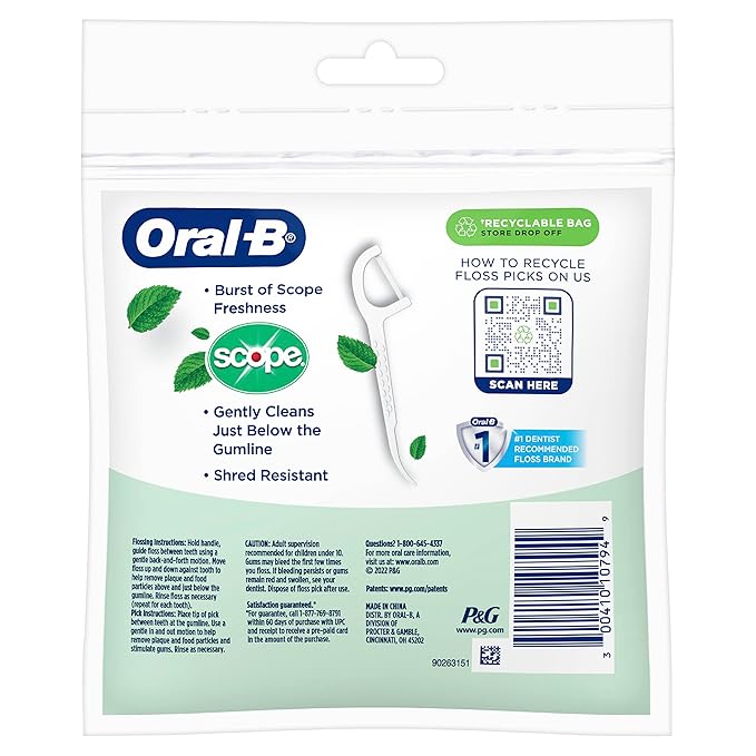 Oral-B Burst of Scope Dental Floss Picks, Fresh Mint, 75 Count Each, Pack of 6 (450 Count Total)