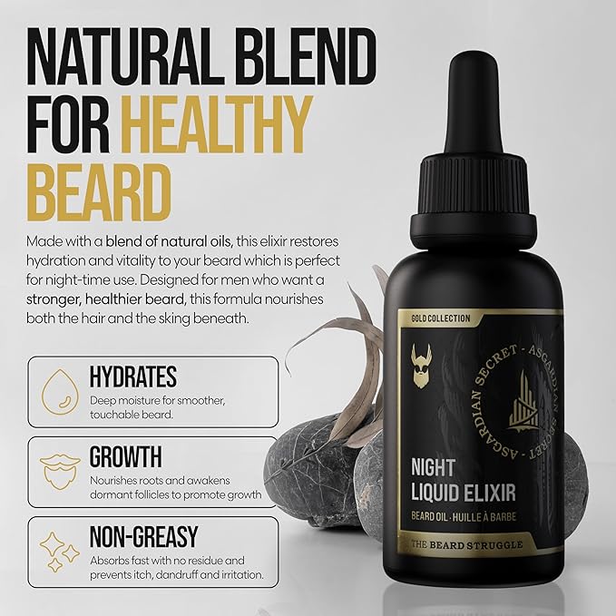 The Beard Struggle - Beard Growth Oil - Asgardian Secret, Gold Collection (1 Fl oz) - Night Liquid Elixir - Beard Oil for Men - Softens, Moisturizing, & Healthier Beard Growth