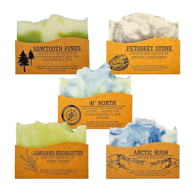 CompassSoap Natural Soap for Men | Skin-Friendly, Hand Made Soap Bar Gift Set | Best Exfoliating and Cleansing Bar Soap for Men | 5 Oz. Variety Pack of 5