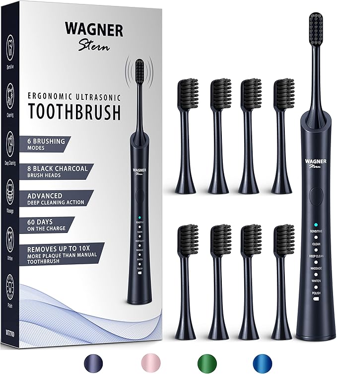 Wagner Stern ultrasonic whitening Electric Toothbrush with 8 Charcoal Black Brush Heads. for Fresh Breath & Healthy Smile. (Charcoal)