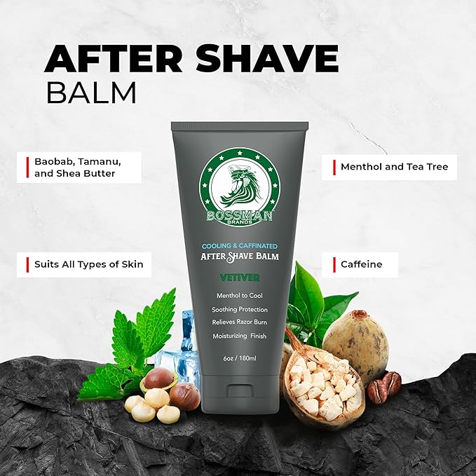 Bossman Cooling & Caffeinated After Shave Balm for Men – Soothes & Protects with Menthol, Caffeine & Tea Tree – Stagecoach Scent