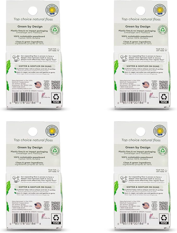 Radius Peppermint Dental Floss 55 Yards Vegan & Non-Toxic Oral Care Boost & Designed to Help Fight Plaque Clear - Pack of 4