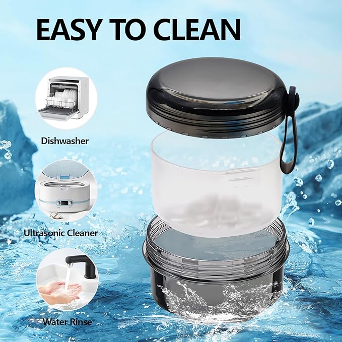 Leak Proof Denture Cups for Soaking Dentures with Strainer Basket and Brush, Partial Denture Bath Case Travel Retainer Cleaning Container Case for Aligner, Denture, Mouth Guard - Transparent Black