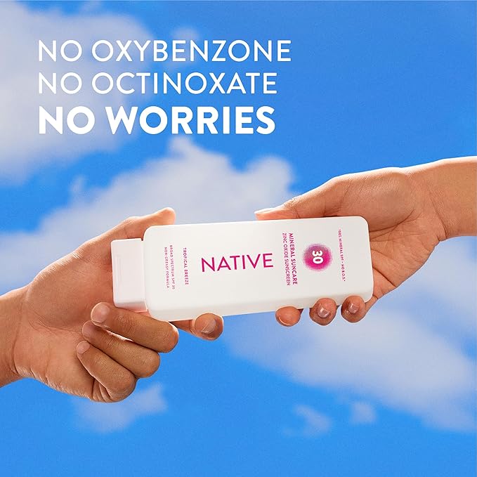 Native Sunscreen Lotion Tropical Breeze SPF 30, 100% Mineral SPF for Face & Body Broad Spectrum UVA UVB for Men & Women, Suitable for Sensitive Skin & Hawaii Compliant, Lightweight & No Residue, 7oz