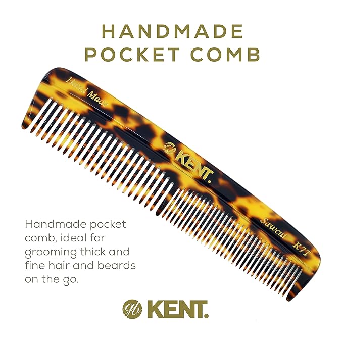 Kent R7T TY Fine and Wide Tooth Hair Comb, Handmade Pocket Comb for Men, Beard and Mustache Combs for Everyday Grooming and Styling, Sawcut Kent Combs, Made in England