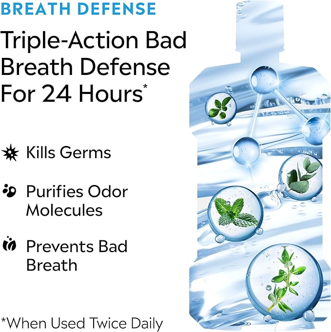Listerine Clinical Solutions Breath Defense Alcohol Free Mouthwash, Oral Rinse with a Triple-Action Formula Fights Bad Breath for 24 Hours, Smooth Mint Flavor, 500 mL
