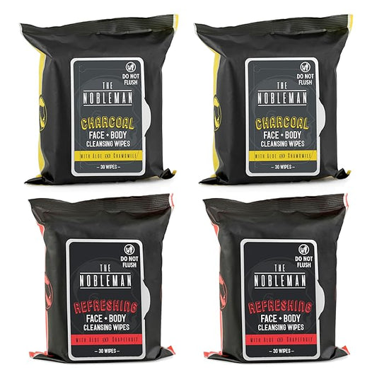 The Nobleman 4-Pack Face + Body Aloe Infused Cleansing Wipes: 2 Charcoal Packs with Chamomile and 2 Refreshing Packs with Grapefruit (120 Ct.), CharcoalRefreshing