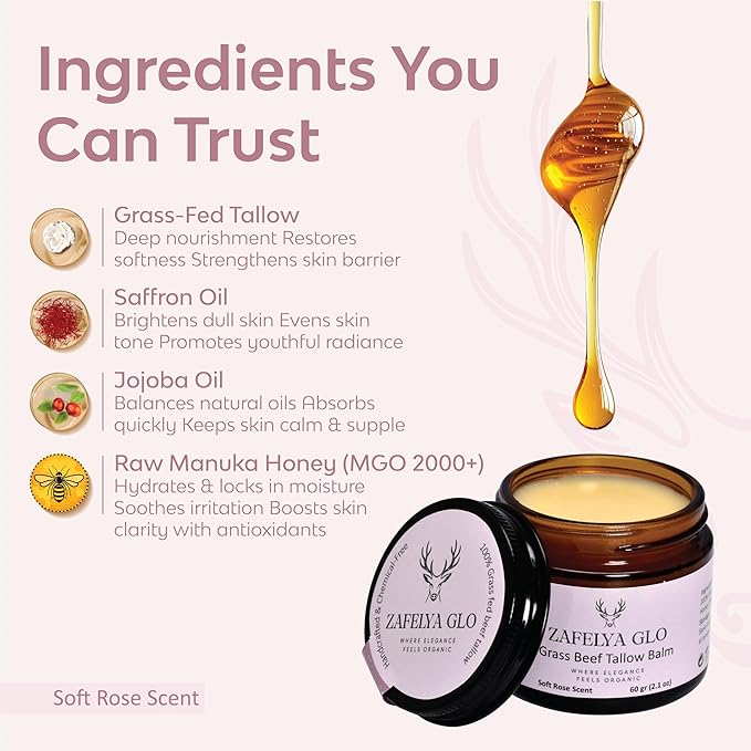 Grass-Fed Beef Tallow Balm with Raw Honey - US Handmade Tallow Moisturizing balm for All Type of Skin & Body - Organic Beef Tallow moisturizer (2.1 oz Rose Scent)