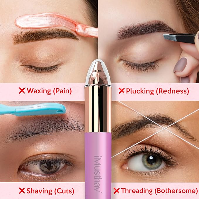 Portable Eyebrow Hair Remover for Women – Painless, Fast & Precise Flawless Electric Razor & Epilator for Eyebrow, Nose, Ear Hair Removal – 18K Gold-Plated, 360° LED Light