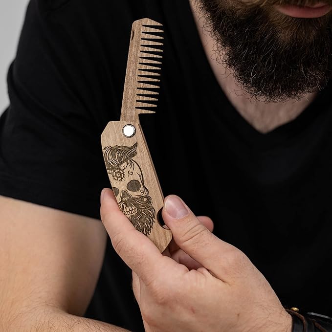 Enjoy The Wood Beard Comb for Men, Folding Pocket Beard Accessories for Men, Engraved Walnut Wooden Comb for Moustache, Beard & Hair For Him (Half Skull)