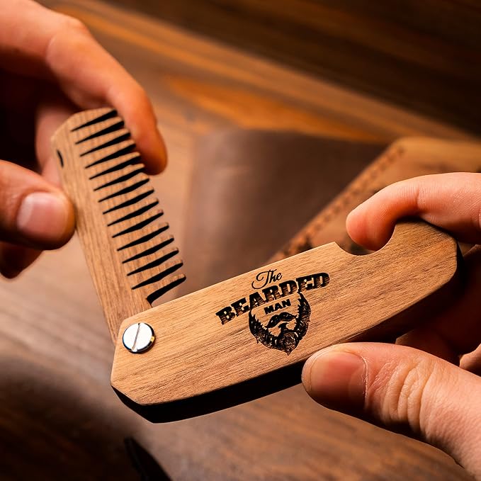 Beard Comb Personalized Gifts Anniversary Gift Wooden Brush Custom Comb Groomsmen Gift Hair Brush Pocket Brush Birthday Gift for Boyfriend (Walnut, The Bearded Man)