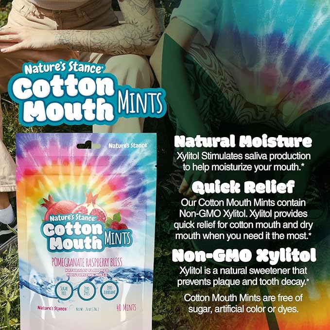 Nature’s Stance Cotton Mouth Xylitol Mints for Dry Mouth Relief - Sugar Free Mints, Stimulate Saliva & Freshen Breath, Throat, Teeth, Gums - Xylitol Lozenges, 40 Count (Pomegranate Raspberry Bliss)