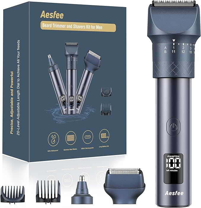 Hair Clippers and Beard Trimmer Set for Men, Precision Dial Adjustable 20 Lengths, 3-in-1 Professional Men's Electric Razors Shaving Kit with Nose Trimmer, IPX7 Waterproof Wet/Dry, USB-C Rechargeable