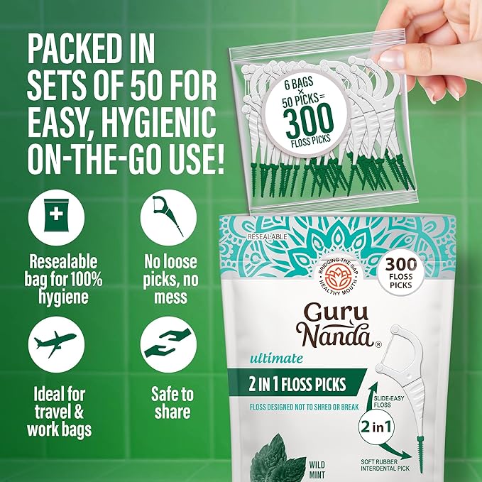 GuruNanda 2 in 1 Dental Floss Picks for Oral Care, PFAS Free – Non-Slip Grip, Slide Easy, No Break or Shred Flosser with Interdental Pick for Healthy Teeth & Gums – Mint Flavor, 300 Count (1 Pack)
