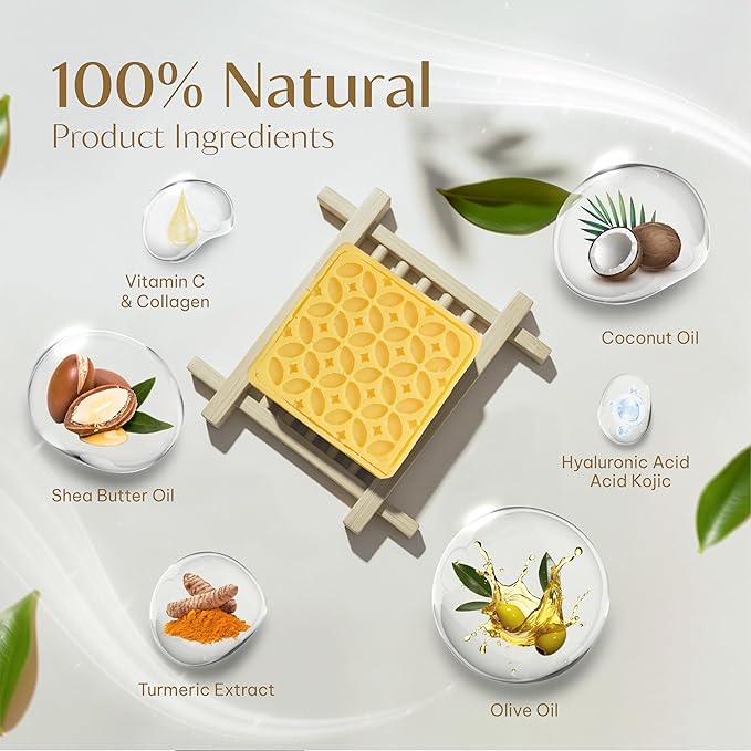 Kojic Acid and Turmeric Soap Bar for Dark Spots – Natural Brightening Bar with Coconut & Olive Oil, Lemon, Shea Butter, Vitamin C&E – Cleansing Moisturizing Bath Soap (3Pack) + Loofah Bath Sponge