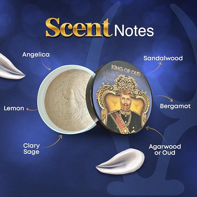 Wholly Kaw Shaving Soap | Luxury Dense, Rich & Creamy Lather Tallow Wet Shave Puck Notes of Bergamot Lemon Clary Sage Rose Pink Pepper Galbanum, Oud | Grooming and Skincare for Men 4 oz - King of Oud