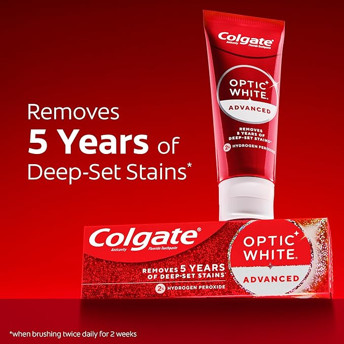 Colgate Optic White Advanced Hydrogen Peroxide Toothpaste, Teeth Whitening Toothpaste Pack, Enamel-Safe Formula, Helps Remove Tea, Coffee, and Wine Stains, Sparkling White, 3 Pack, 3.2 oz