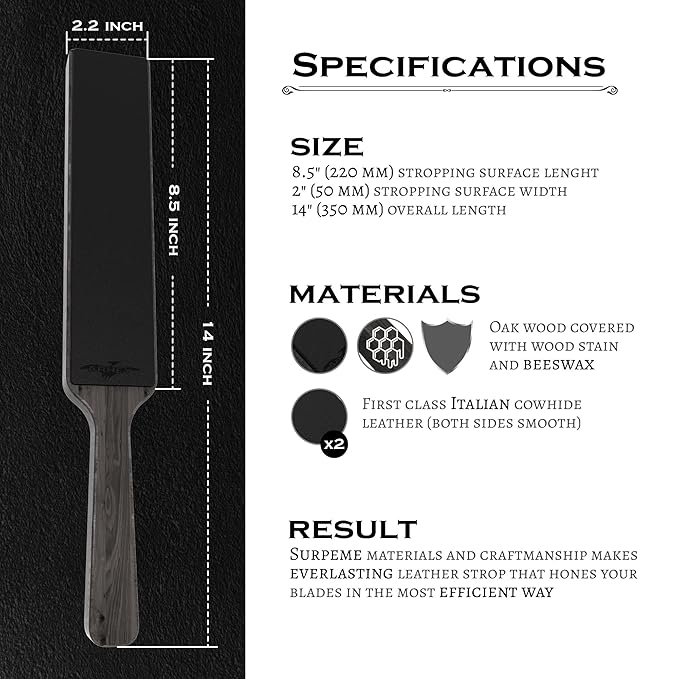 Leather Strop for Knife Sharpening Made from Premium Italian Leather, 14" Knife Strop with Storage Bag and 2 Polishing Compound for Various Knives, Razors, Axes, Chisels and Knives, Black