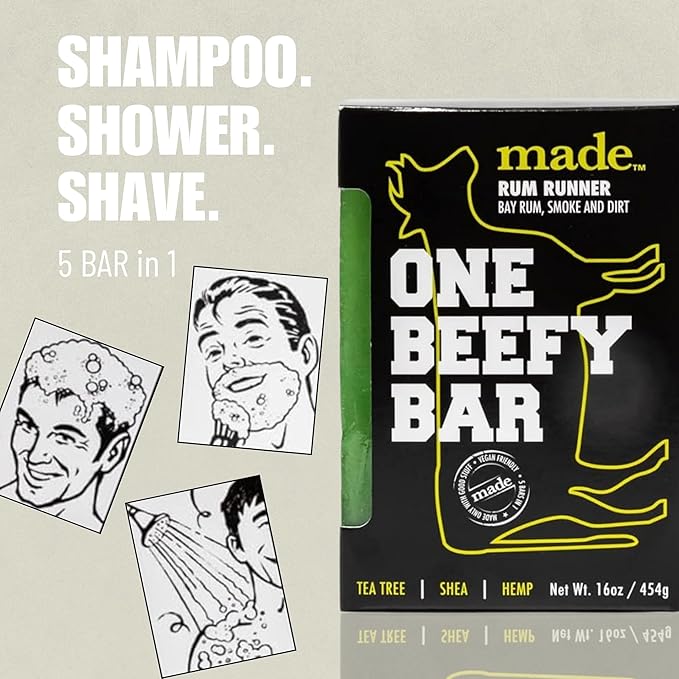 made One Beefy Bar | Rum Runner | Shampoo, Body Wash & Shaving Soap | Bay Rum & Smoked Earth Scent | Breakaway Brick Design | Moisturizing with Coconut Oil, Shea Butter & Aloe Vera | 16 oz