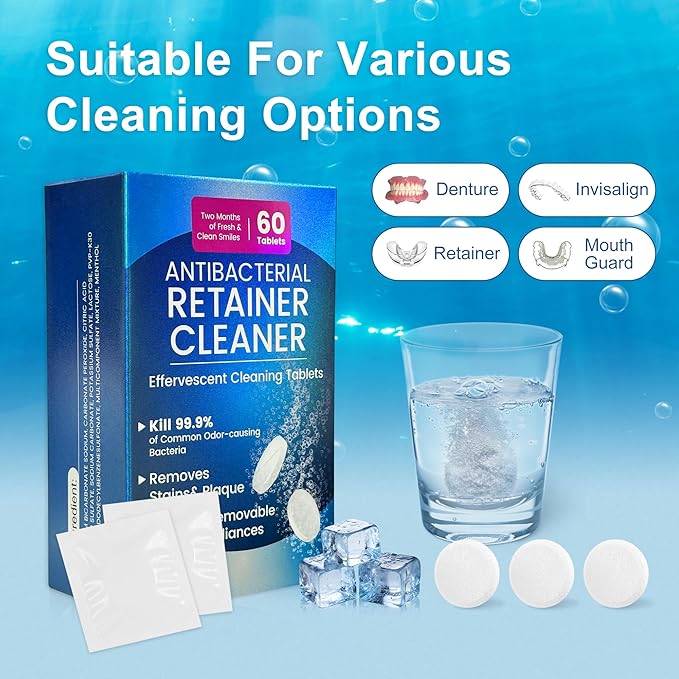 Retainer Cleanser Tablets 23mm.Ultrasonic Retainer Cleaner Tablets for Dentures and Invisalign - Effective Dental Cleaning for Teeth and Retainers-60pack