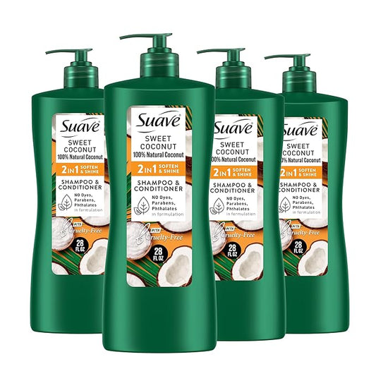 Suave Smooth & Shiny 2-in-1 Shampoo & Conditioner with Coconut Oil, Smoothness & Shine in One Step, No Parabens, Phthalates, or Dyes, 4 Pack, 28 FL OZ Each