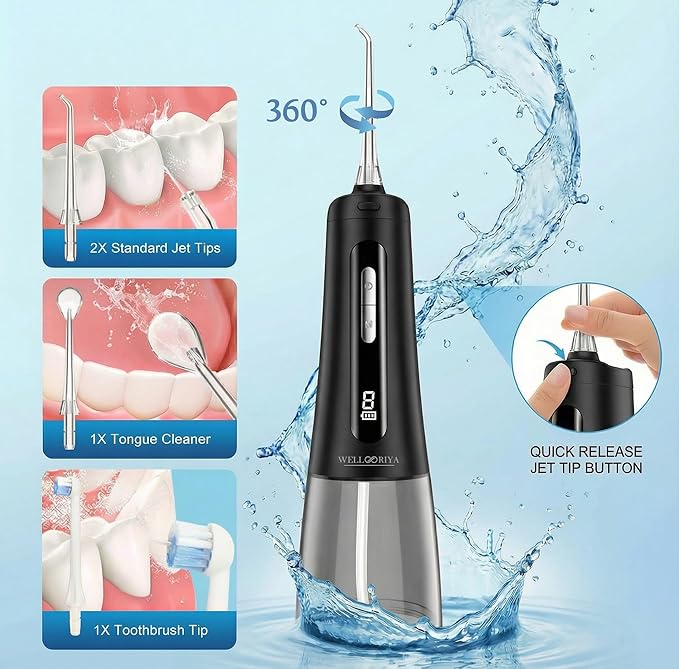 Cordless Water Dental Flosser – Power Dental Flosser for Teeth & Gums, 9 Pressure Levels, 300mL Tank, USB-C Rechargeable Oral Irrigator, IPX7 Waterproof for Braces & Travel – Wellooriya (Black)
