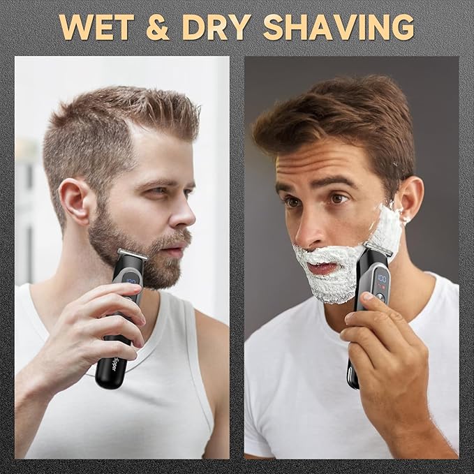 Beard Trimmer for Men, Professional Mustache Trimmer, Rechargeable Electric Razor for Men with T-Blade, Cordless Hair Clippers, Mens Grooming Kits for Body/Face/Ear/Nose, LED Display, Gray