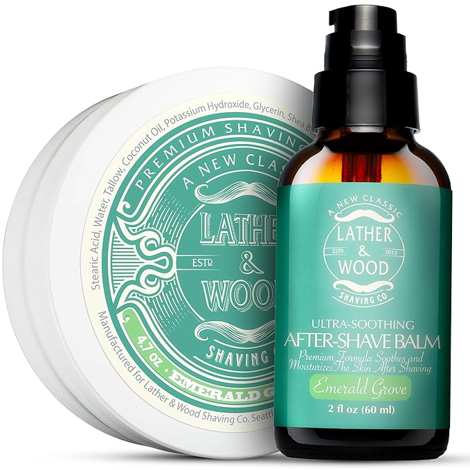 Lather & Wood Shaving Soap and Aftershave Balm Combo - Emerald Grove Scent