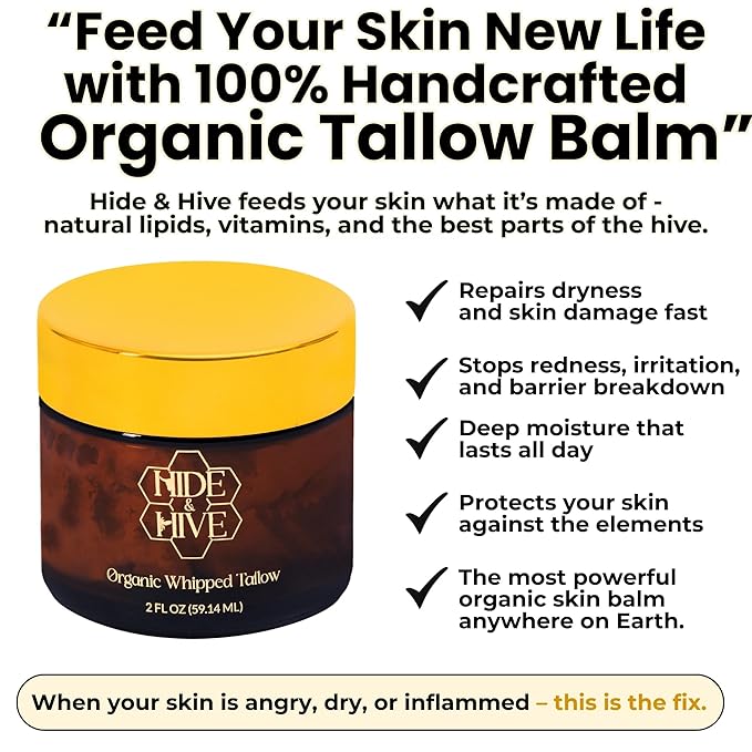 HIDE & HIVE Whipped Tallow Balm – Grass-Fed Moisture for Face, Body & Hands – Organic Beef Tallow for Skin with Royal Jelly & Propolis – Clean, Non-Greasy Balm for Dry, Sensitive Skin