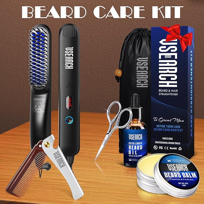 Heated Beard Straightener for Men - 5-Temp Settings & Anti-Scalding Tech, Folding Styling Comb, Compact for Travel, Perfect Grooming Gift for Father's Day, Anniversary & Birthday