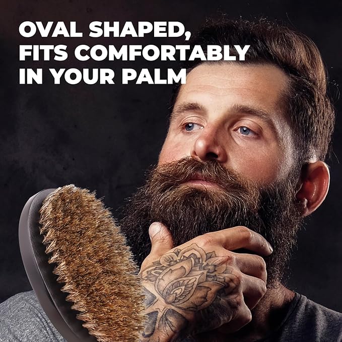GUARD&MARINE 100% Boar Bristle Beard Brush for Men – Medium Firm Military Style Brush for Short Beard, Mustache & Waves – Natural Wooden Handle Grooming Brush