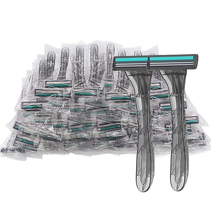 100 Pack Disposable Razors Individually Wrapped, Razors Bulk, Twin Stainless Steel Blade Razors for Hotel, Travel, Airbnb, Homeless (Grey)