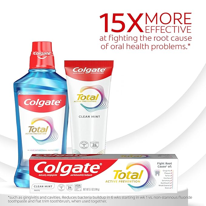 Colgate Total Active Prevention Clean Mint Toothpaste, Anticavity Fluoride Toothpaste, Clinically Proven Formula That Fights Plaque Bacteria, Mint, 4 Pack, 5.1 oz