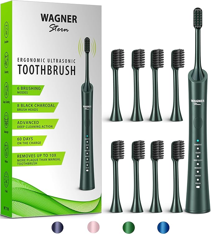 Wagner Stern ultrasonic whitening Electric Toothbrush with 8 Charcoal Black Brush Heads. for Fresh Breath & Healthy Smile. (Green)